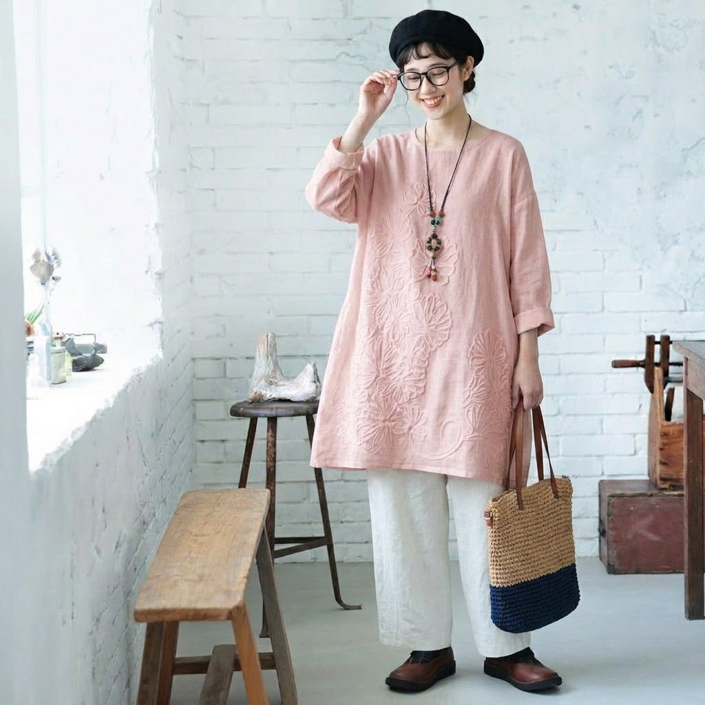 S-5XL 綿麻 秋の庭から届いたような 刺繍ワンピース S ピンク/長袖
