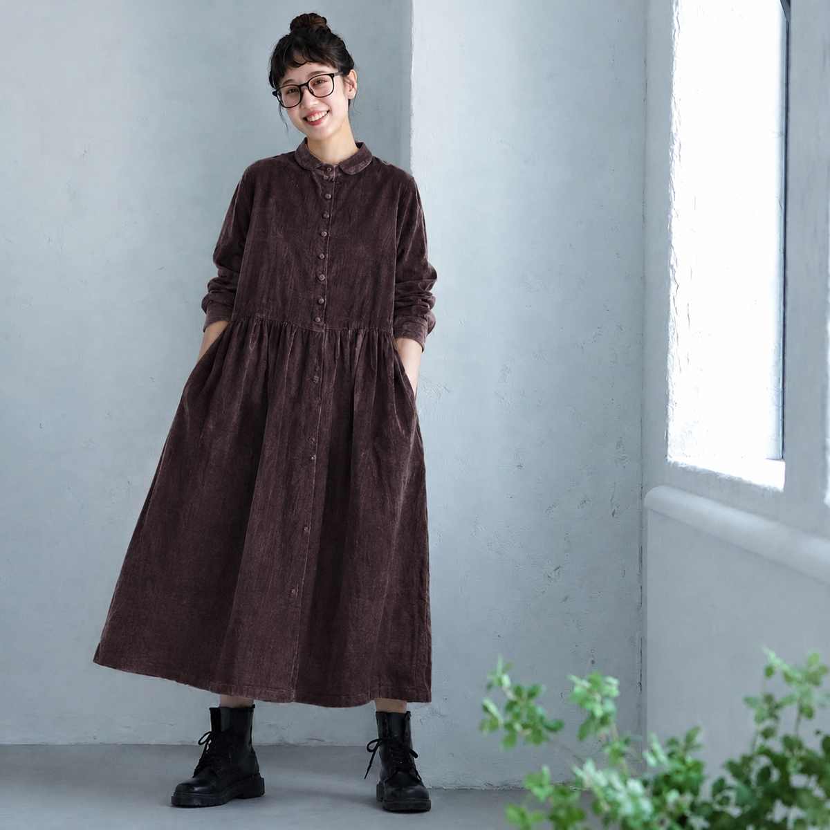 M-3XL コーデュロイ コットン 長袖 前開き ゆったり カジュアル ワンピース M ブラウン