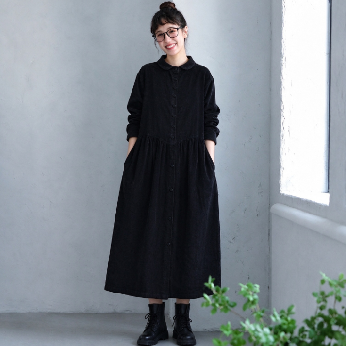 M-3XL コーデュロイ コットン 長袖 前開き ゆったり カジュアル ワンピース M ブラック