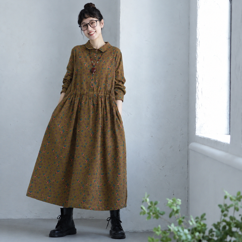 M-2XL 花柄プリント シャツ襟 長袖 ウエストリボン ロング丈 きれいめ ワンピース M レッド