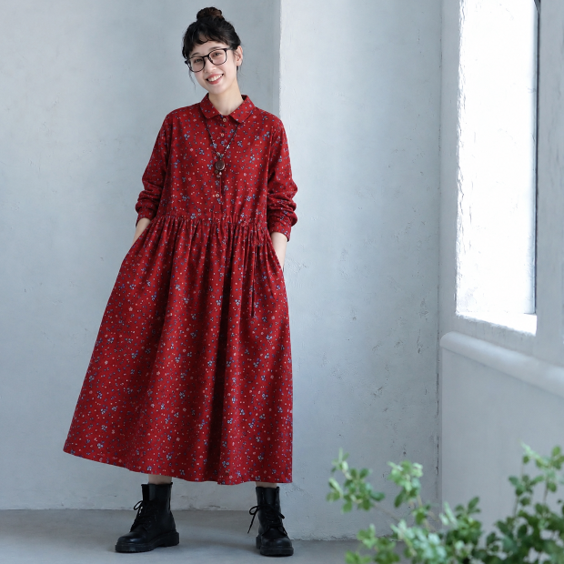 M-2XL 花柄プリント シャツ襟 長袖 ウエストリボン ロング丈 きれいめ ワンピース M イエロー