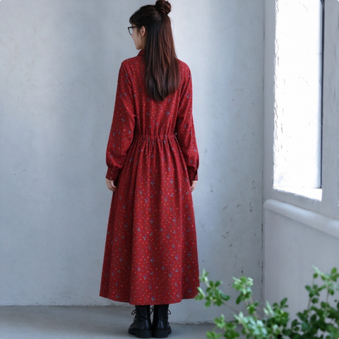 M-2XL 花柄プリント シャツ襟 長袖 ウエストリボン ロング丈 きれいめ ワンピース M レッド