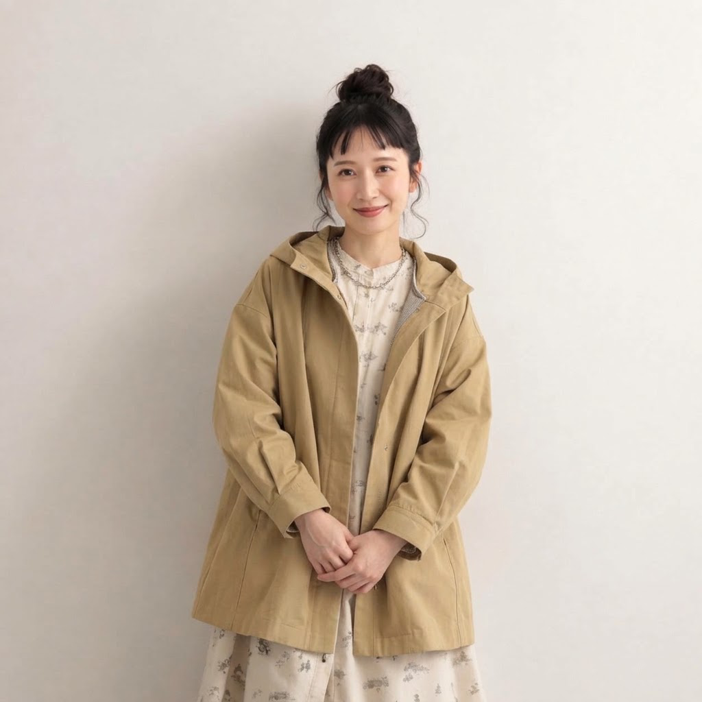 フード付きゆったりコート：ベージュとワンピースの重ね着