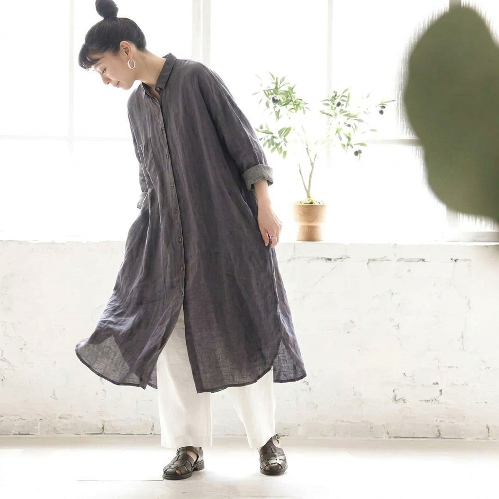 M-2XL 【旅先・アウトドアに】軽やかリネンロングワンピ コーデの主役にも羽織りにもなる万能さ M グレー