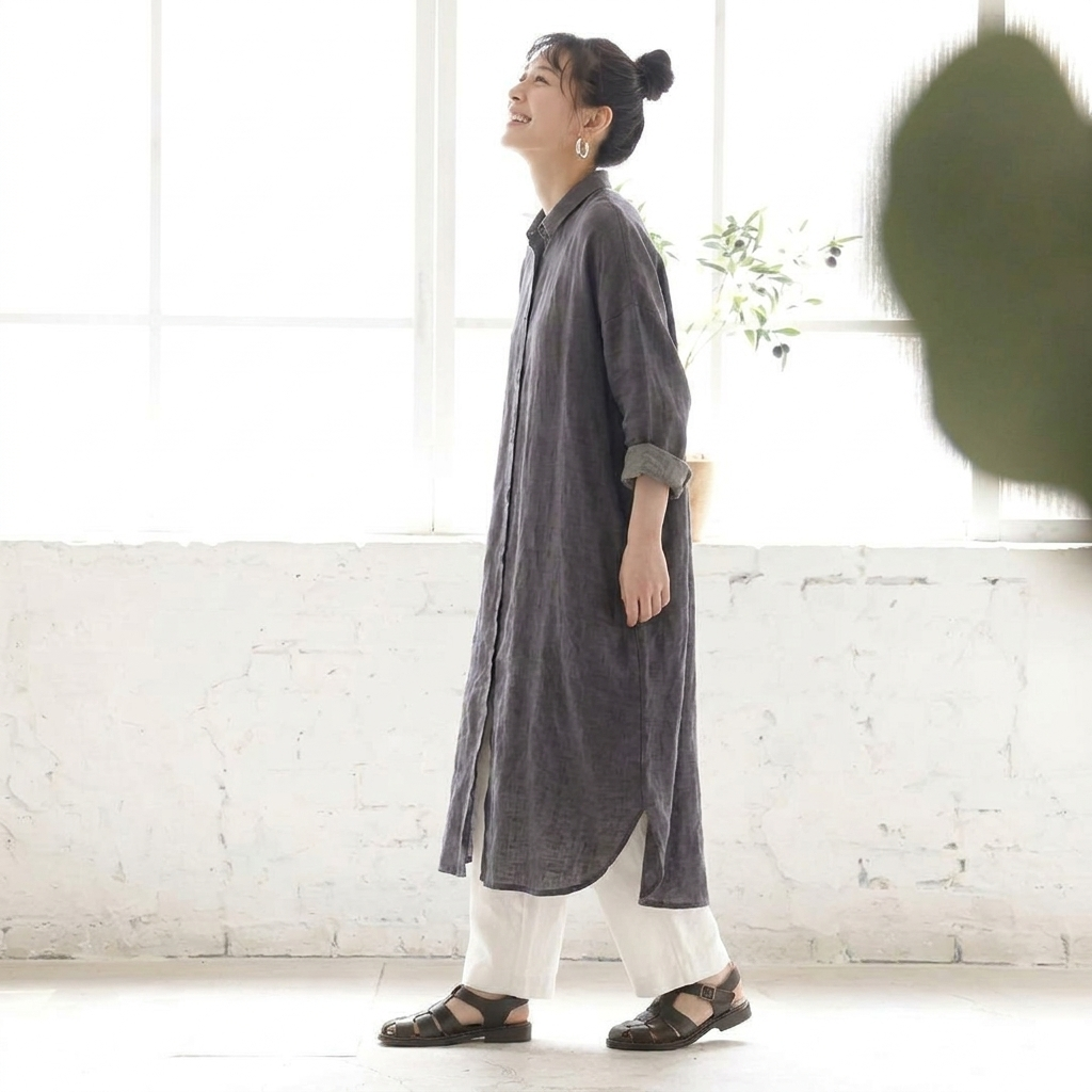 M-2XL 【旅先・アウトドアに】軽やかリネンロングワンピ コーデの主役にも羽織りにもなる万能さ M グレー