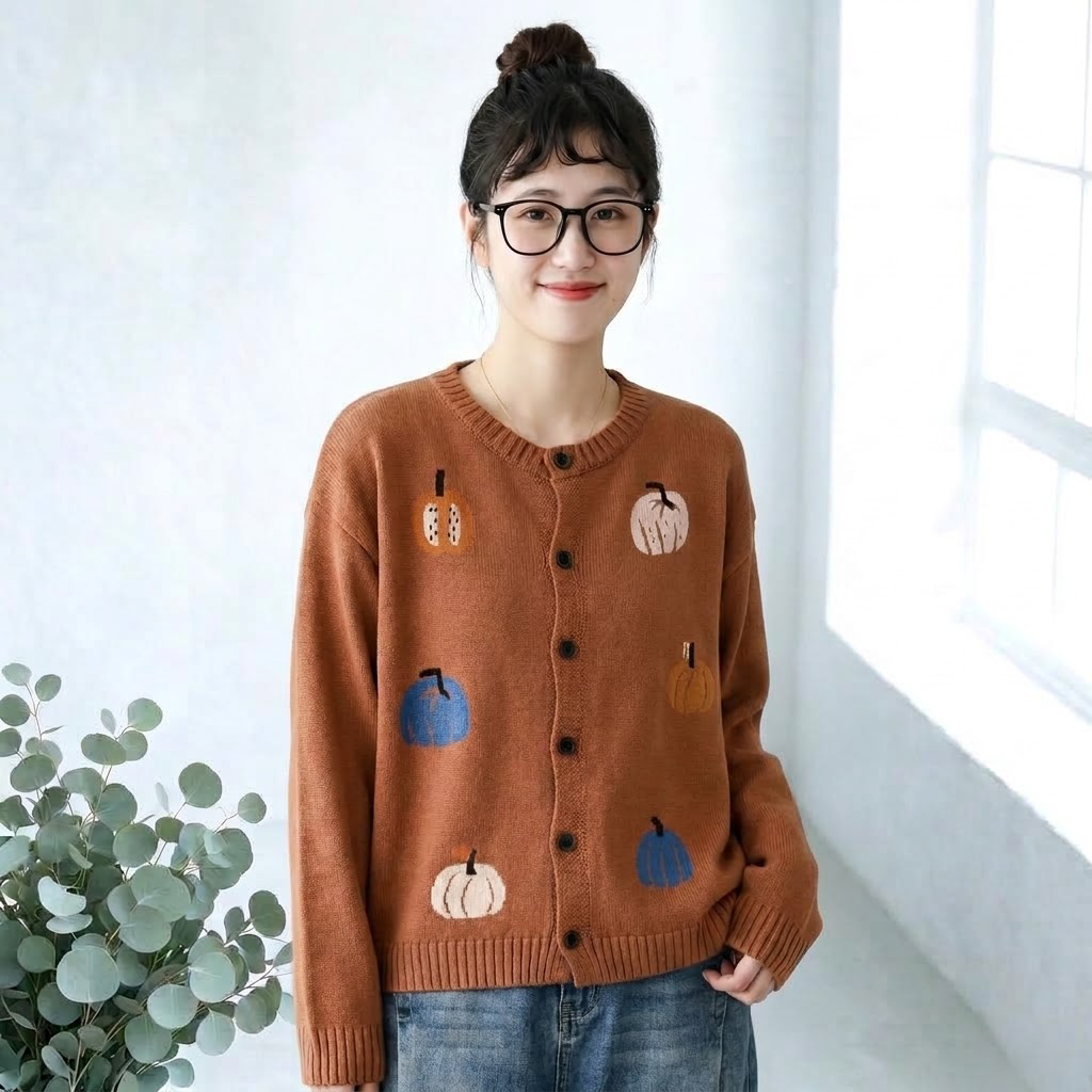 「着回しのコツ」プリント ファッション シングルブレスト ラウンドネック 長袖 カーディガン フリー キャラメル