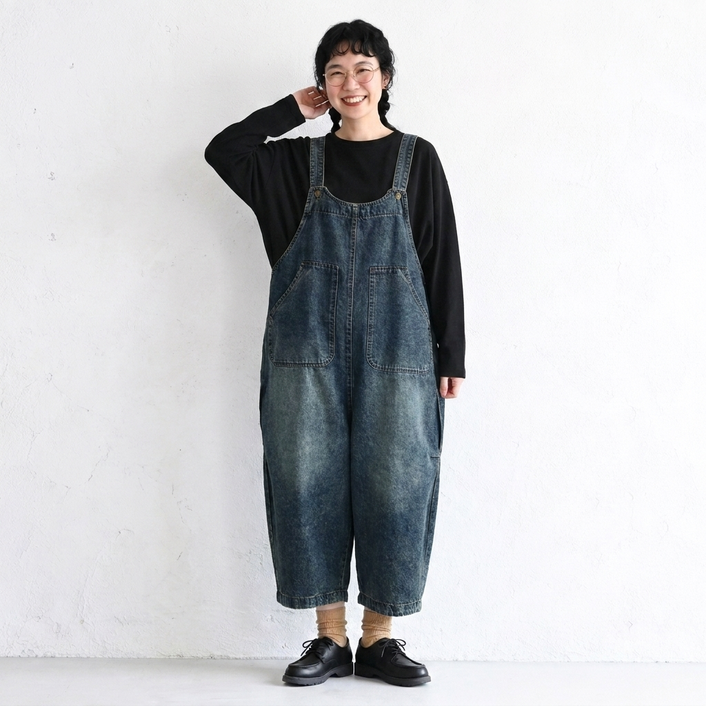 デニムサロペットとトップス：デニムサロペットと黒い長袖トップスの着用