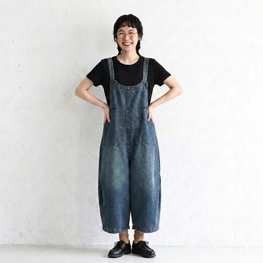 デニムサロペットとトップス：デニムサロペットと黒い半袖Tシャツの正面着用