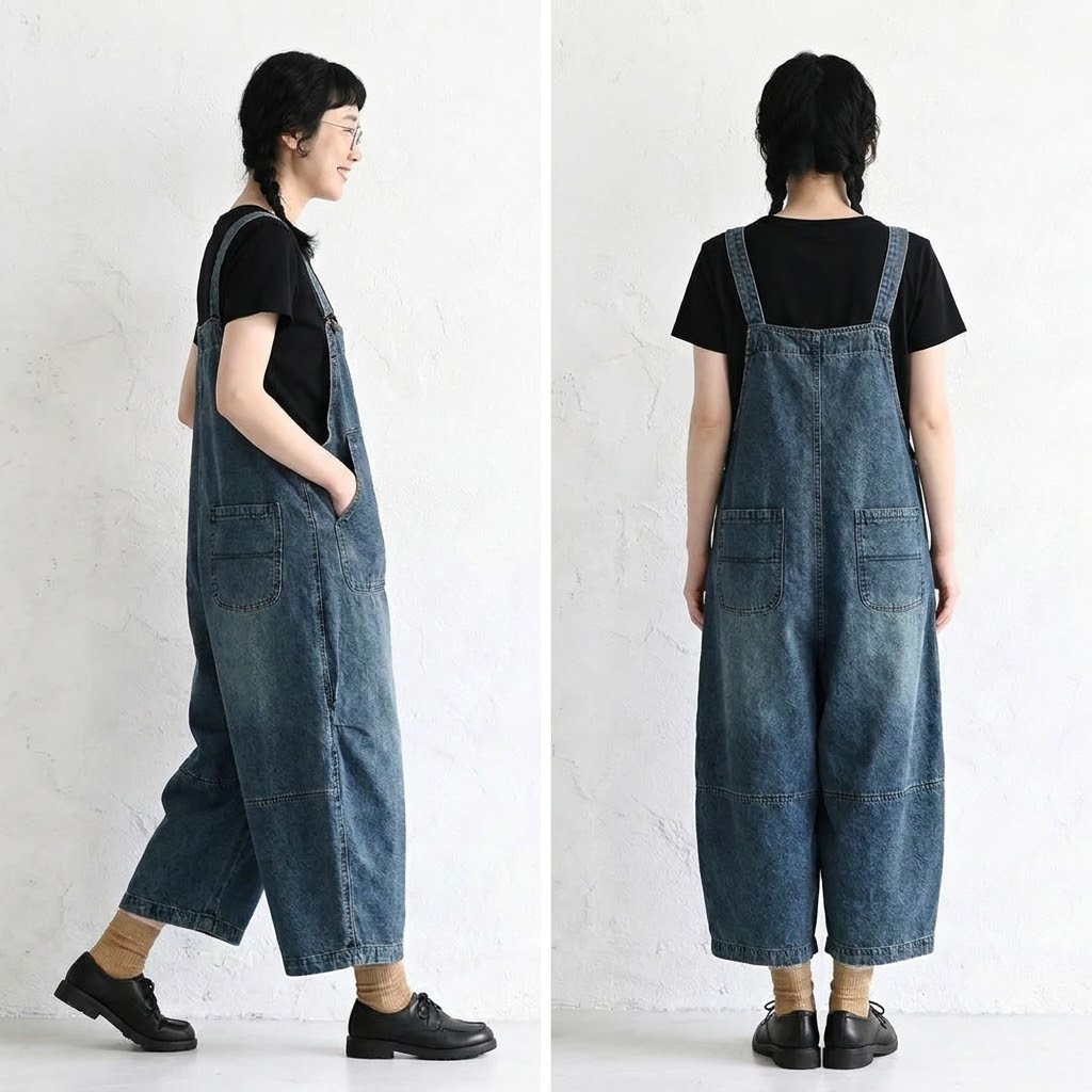 デニムサロペットとトップス：サロペットの側面、背面の着用比較
