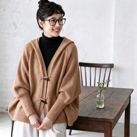 フリー ドルマンスリーブ フード付き ボタン カーディガン フリー ブラウン