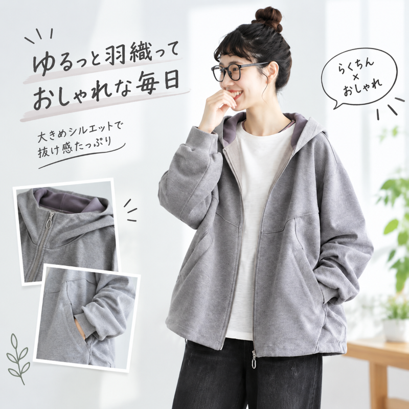 L-5XL パーカー襟 前開きポケット付き ゆったりシルエット 長袖ジャケット 商品画像
