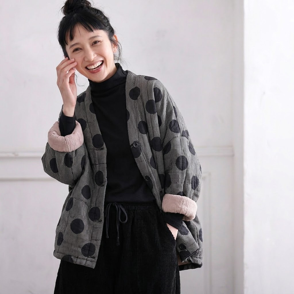 大人ナチュラル 千鳥格子×大玉ドット柄 前開き ゆる中綿ブルゾン フリー グレー