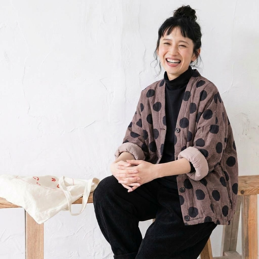 大人ナチュラル 千鳥格子×大玉ドット柄 前開き ゆる中綿ブルゾン フリー レッド
