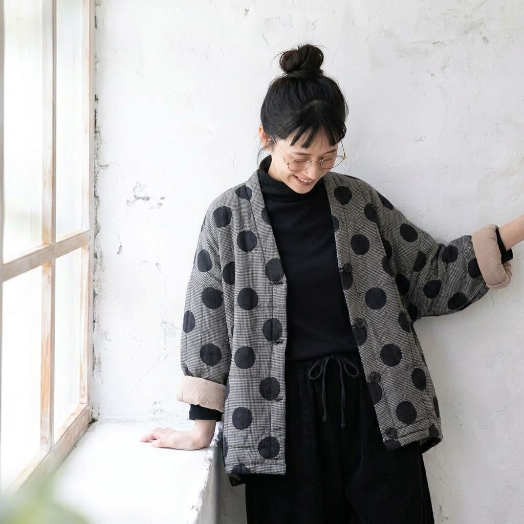 大人ナチュラル 千鳥格子×大玉ドット柄 前開き ゆる中綿ブルゾン フリー グレー
