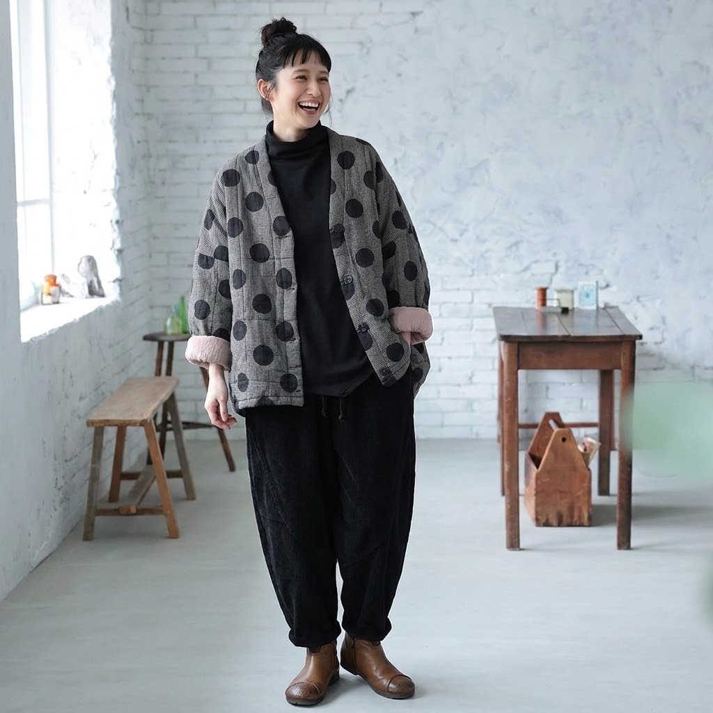 大人ナチュラル 千鳥格子×大玉ドット柄 前開き ゆる中綿ブルゾン フリー グレー
