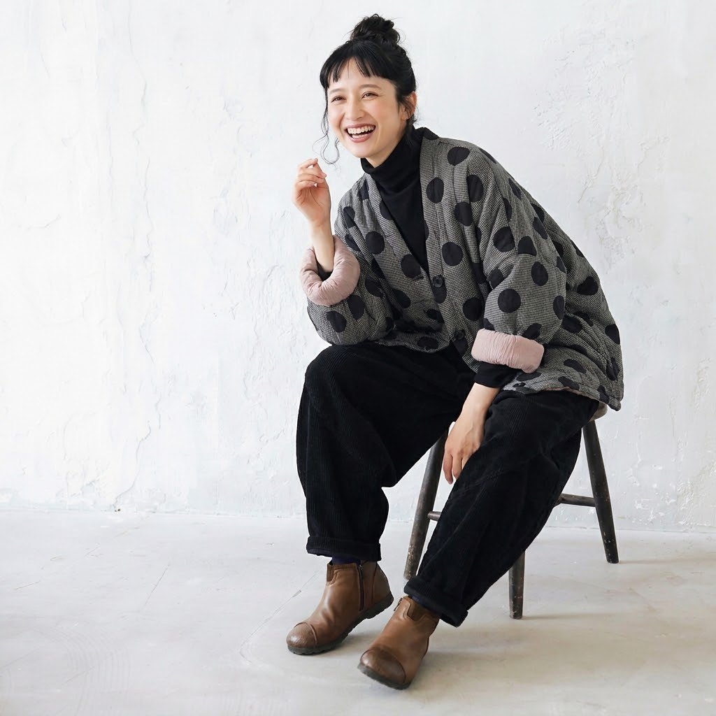 大人ナチュラル 千鳥格子×大玉ドット柄 前開き ゆる中綿ブルゾン フリー グレー