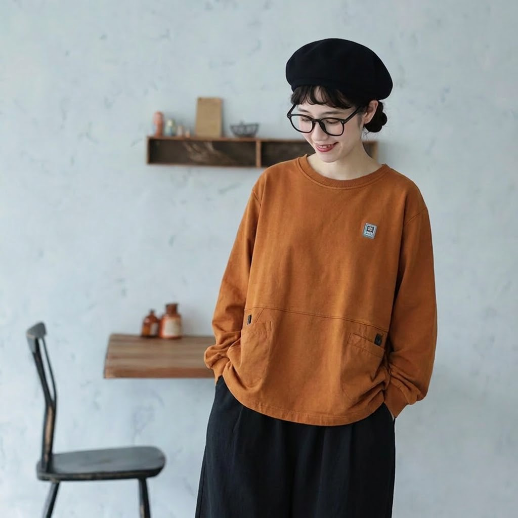 マスタード系のポケット付き長袖Tシャツを濃色のスカートに合わせた着用イメージ