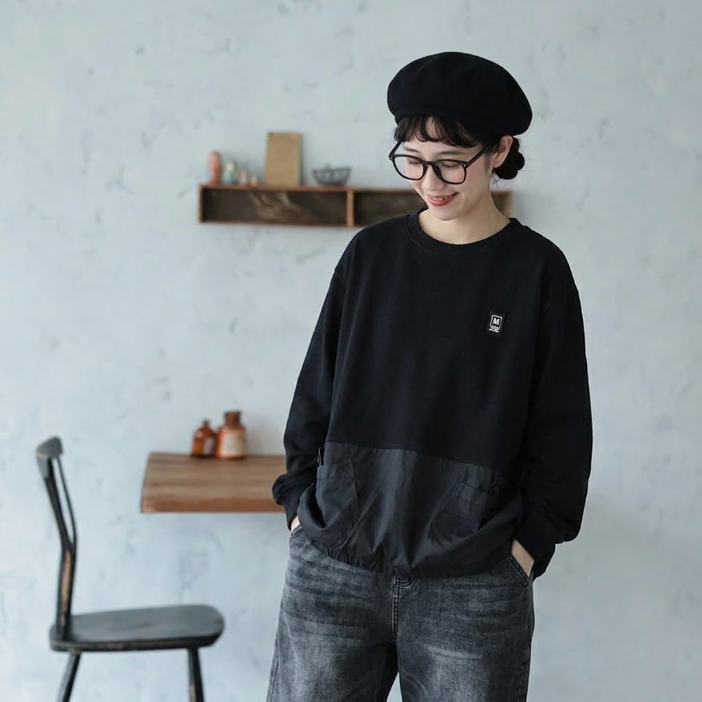 ブラックの切り替えデザインの長袖Tシャツの正面着用イメージ