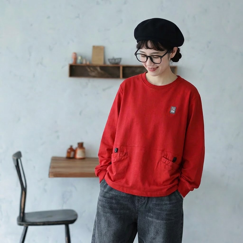 レッドの胸ワッペン付き長袖Tシャツをデニムパンツに合わせた着用イメージ