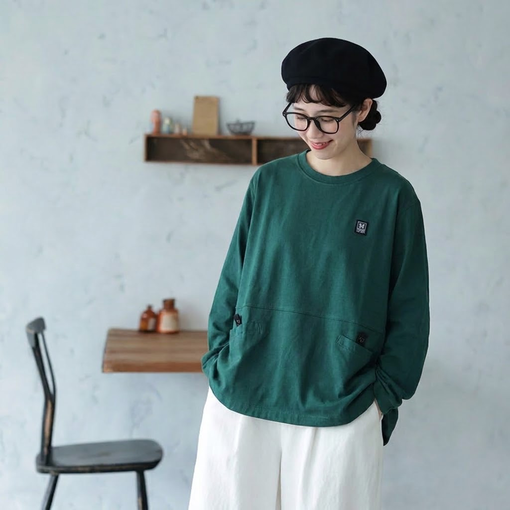 グリーンのポケット付き長袖Tシャツの正面着用イメージ