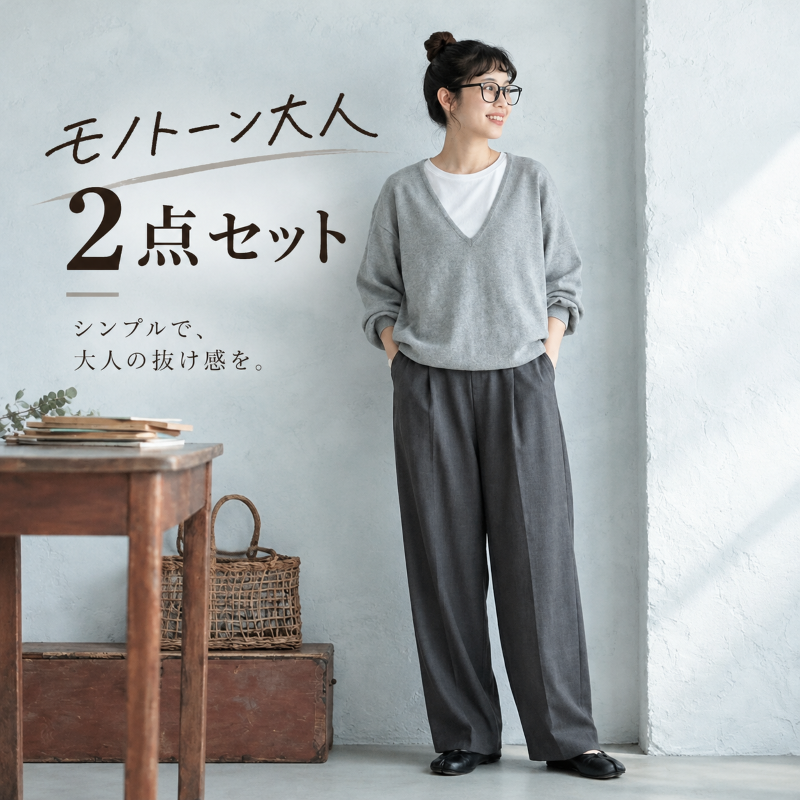 S-L 見逃し厳禁 カジュアル ファッション 無地 Vネック 長袖 トップス+パンツ 2点セット 商品画像