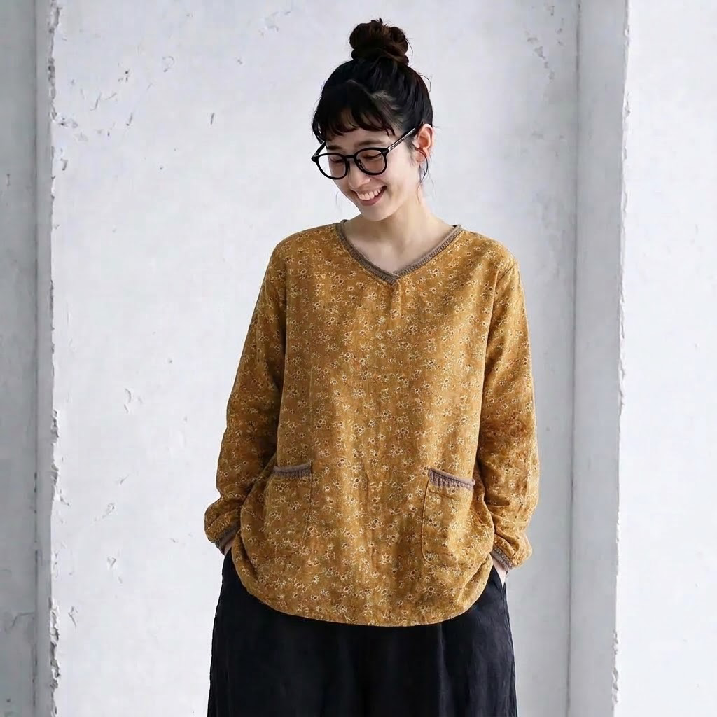 M-3XL 綿麻混 花柄 長袖 Vネック レトロ Tシャツ M イエロー