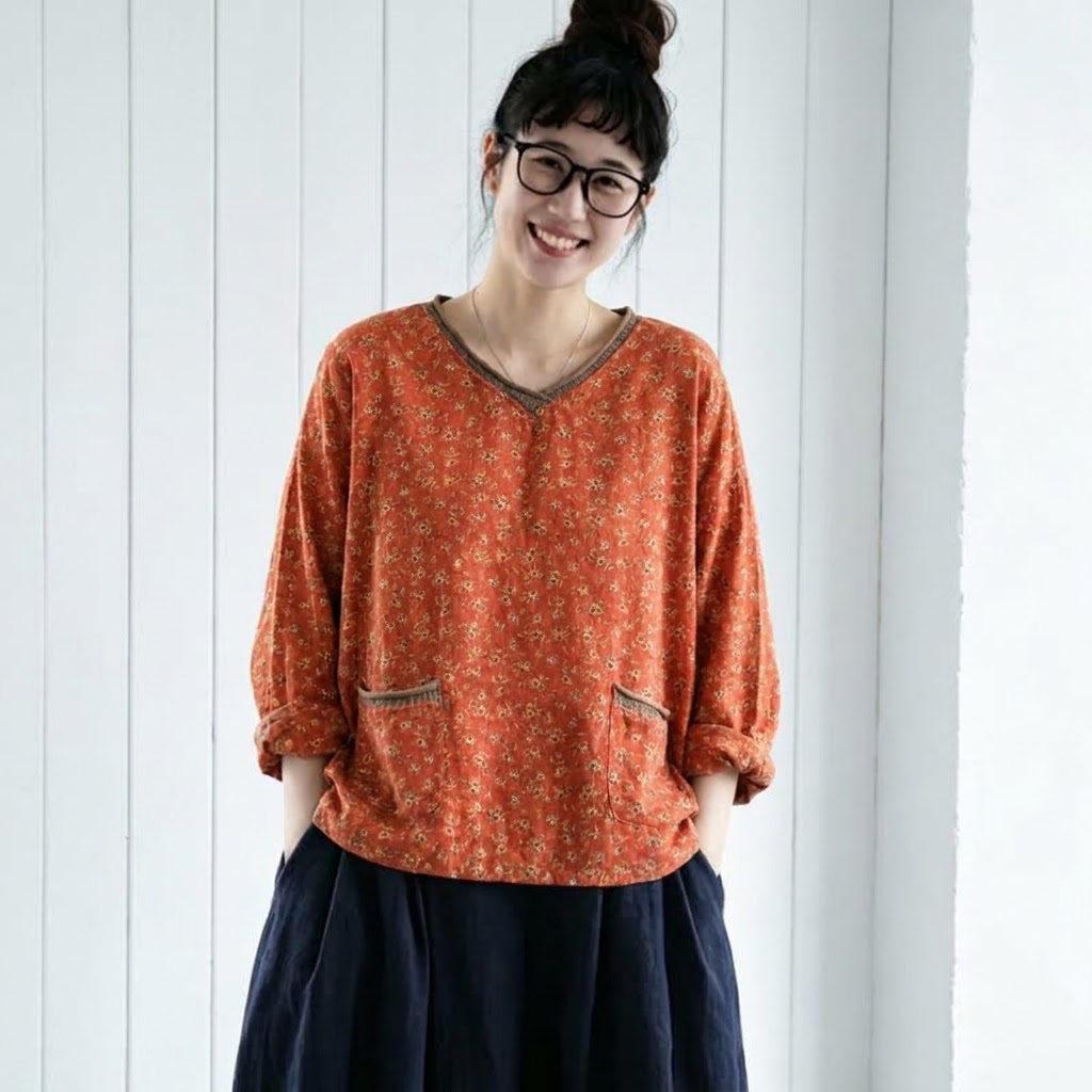 M-3XL 綿麻混 花柄 長袖 Vネック レトロ Tシャツ M イエロー