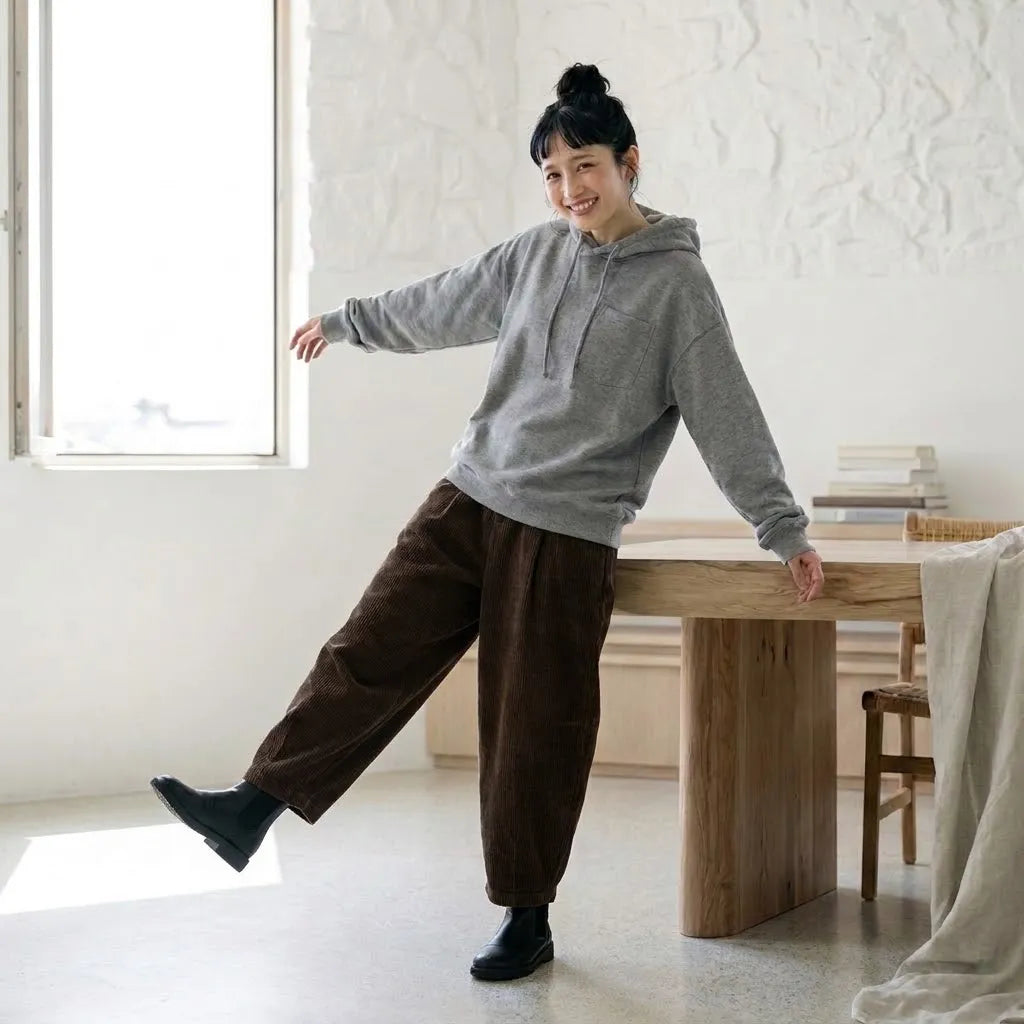 ウエストゴムで楽ちん、ルーズコーデュロイパンツ カジュアル ガウチョパンツ M ブラウン