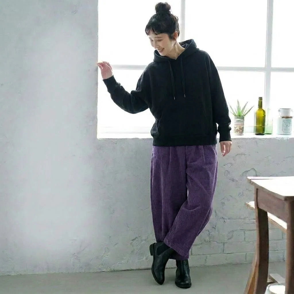 ウエストゴムで楽ちん、ルーズコーデュロイパンツ カジュアル ガウチョパンツ M パープル