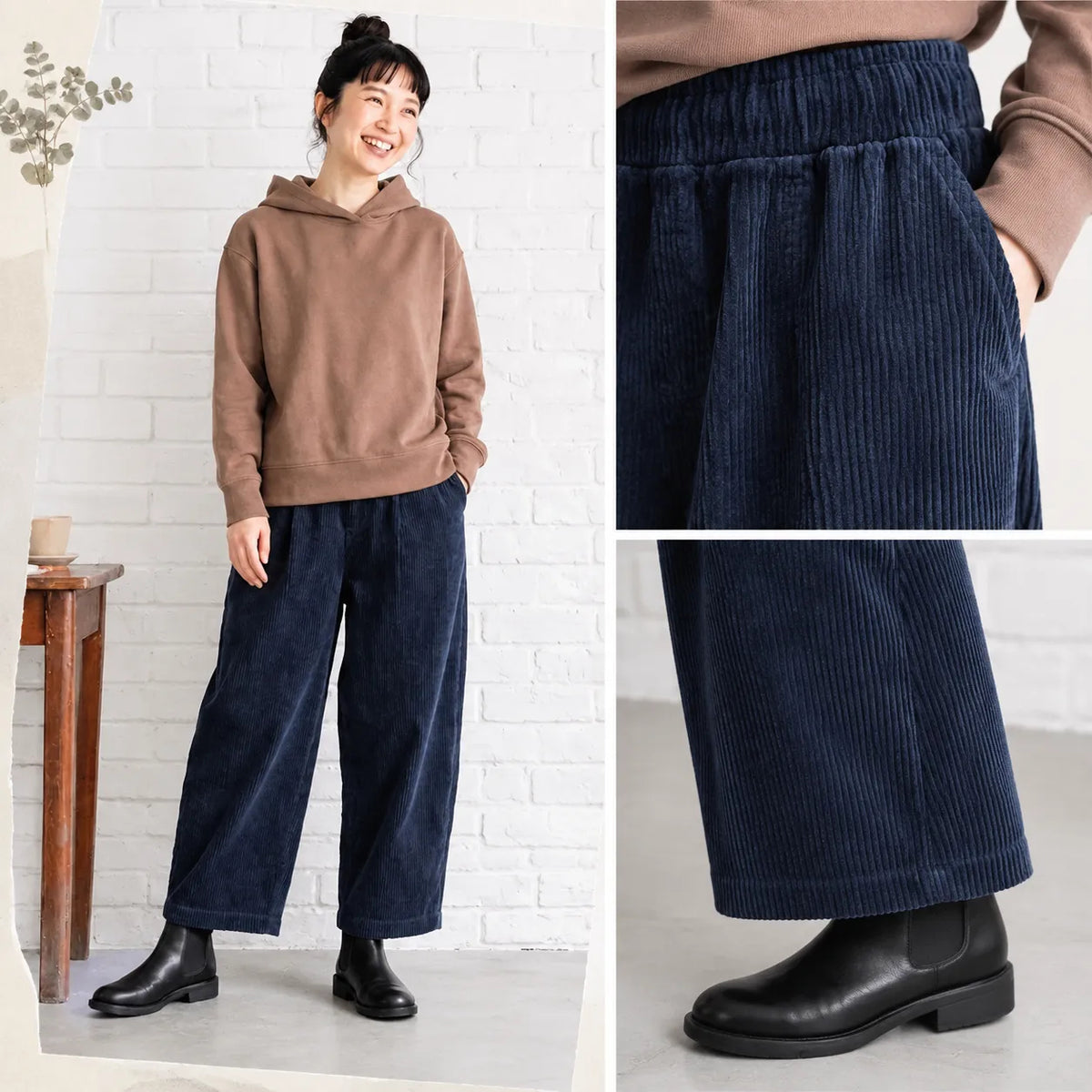 ウエストゴムで楽ちん、ルーズコーデュロイパンツ カジュアル ガウチョパンツ M パープル