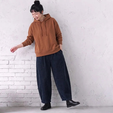 ウエストゴムで楽ちん、ルーズコーデュロイパンツ カジュアル ガウチョパンツ M パープル