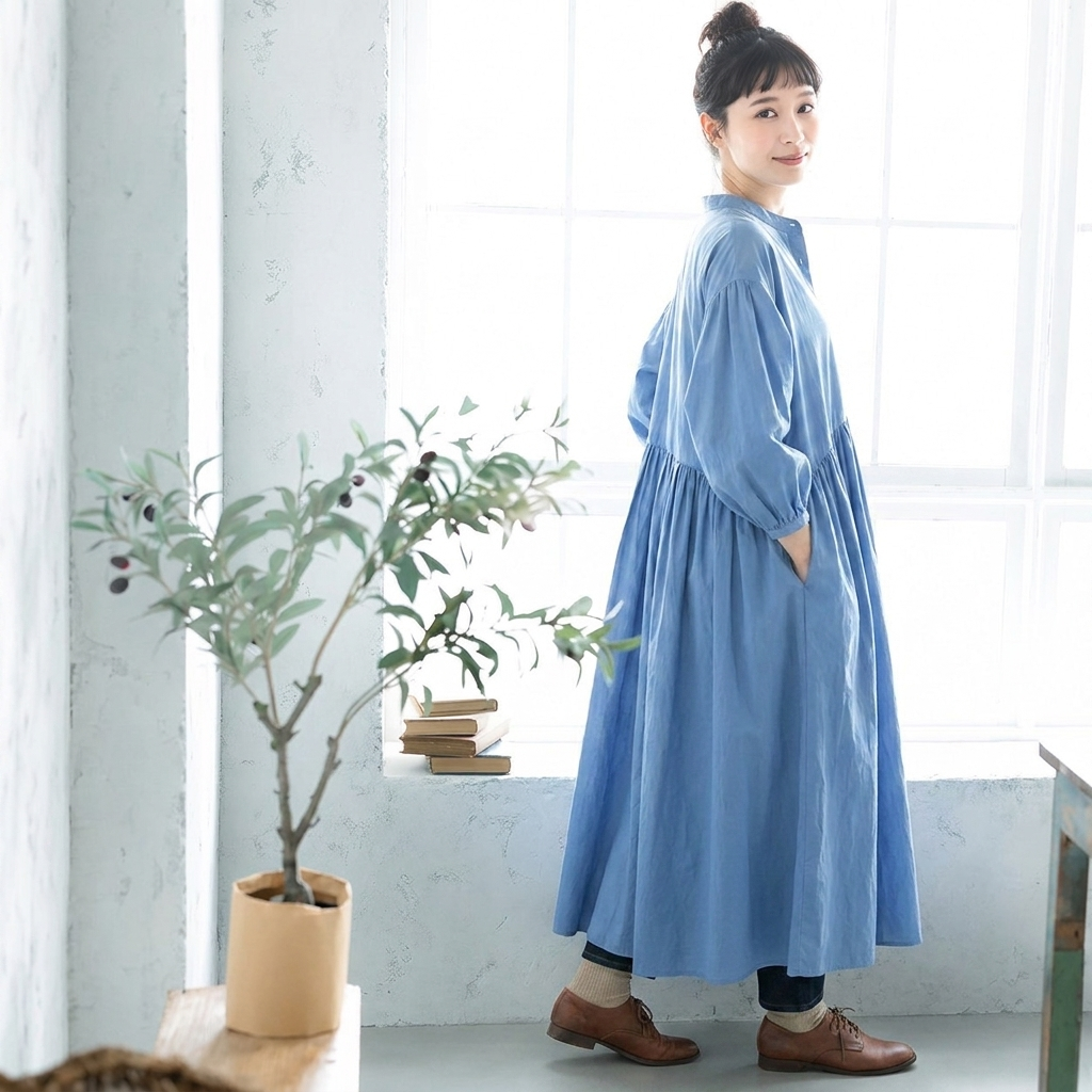 季節の変わり目に寄り添う、重ねて楽しいロングワンピース M ブルー