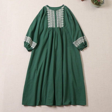 M-2XL 綿麻 プルオーバー プリント 九分袖 ラウンドネック 刺繍 森ガールワンピース M グリーン