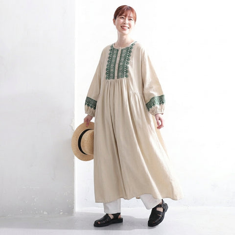M-2XL 綿麻 プルオーバー プリント 九分袖 ラウンドネック 刺繍 森ガールワンピース M ベージュ
