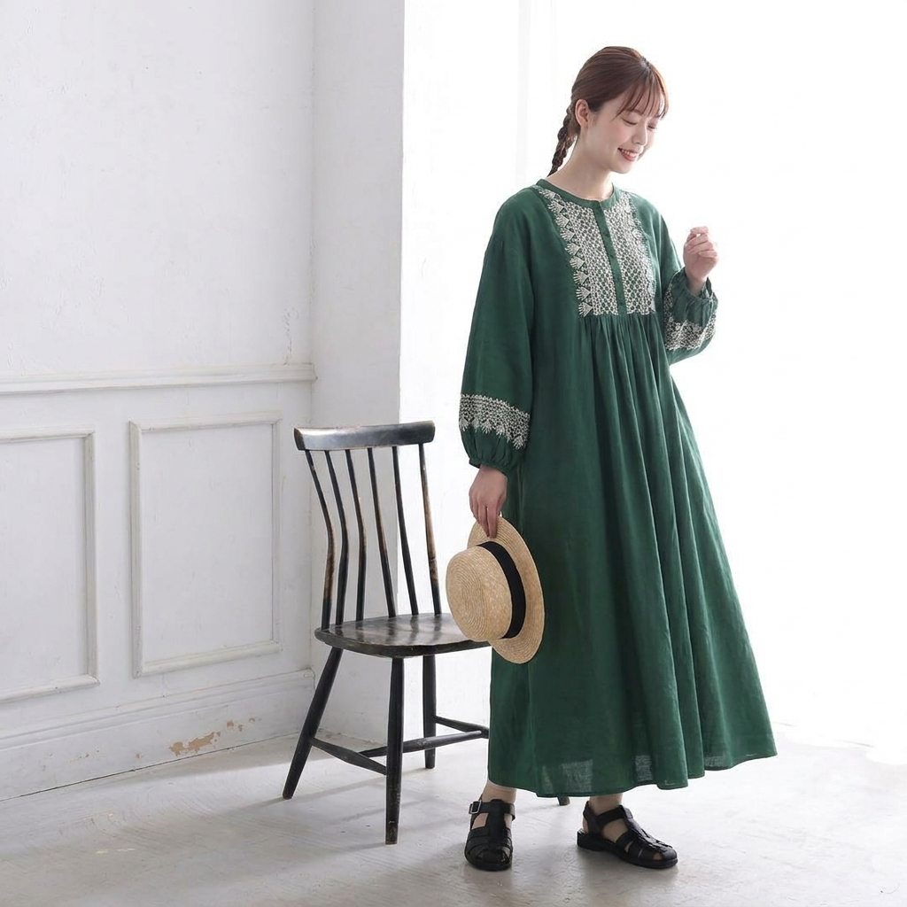 M-2XL 綿麻 プルオーバー プリント 九分袖 ラウンドネック 刺繍 森ガールワンピース M ベージュ
