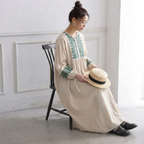 M-2XL 綿麻 プルオーバー プリント 九分袖 ラウンドネック 刺繍 森ガールワンピース M ベージュ