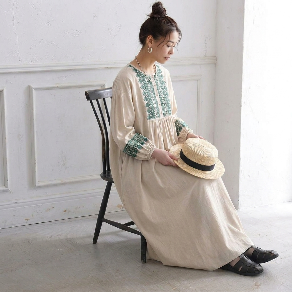 M-2XL 綿麻 プルオーバー プリント 九分袖 ラウンドネック 刺繍 森ガールワンピース M ベージュ