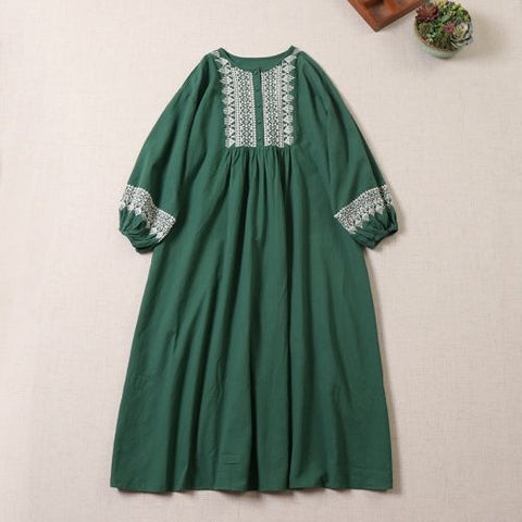 M-2XL 綿麻 プルオーバー プリント 九分袖 ラウンドネック 刺繍 森ガールワンピース M ベージュ