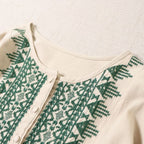 M-2XL 綿麻 プルオーバー プリント 九分袖 ラウンドネック 刺繍 森ガールワンピース M ベージュ