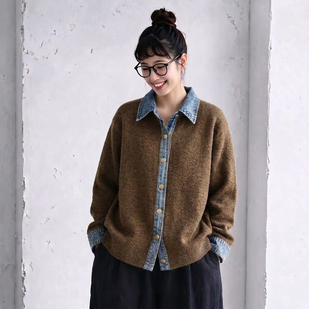 S-2XL ニット デニムの襟 カーディガン S カーキ