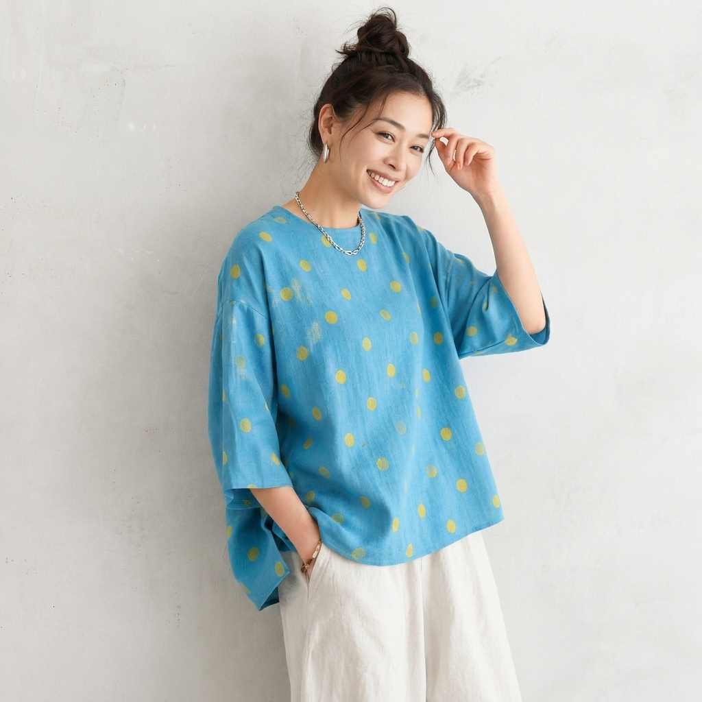 M-3XL 綿麻 ラウンドネック ドット柄 ビックシルエット プリント 七分袖 カジュアル Tシャツ M シーブルー