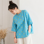 M-3XL 綿麻 ラウンドネック ドット柄 ビックシルエット プリント 七分袖 カジュアル Tシャツ M シーブルー