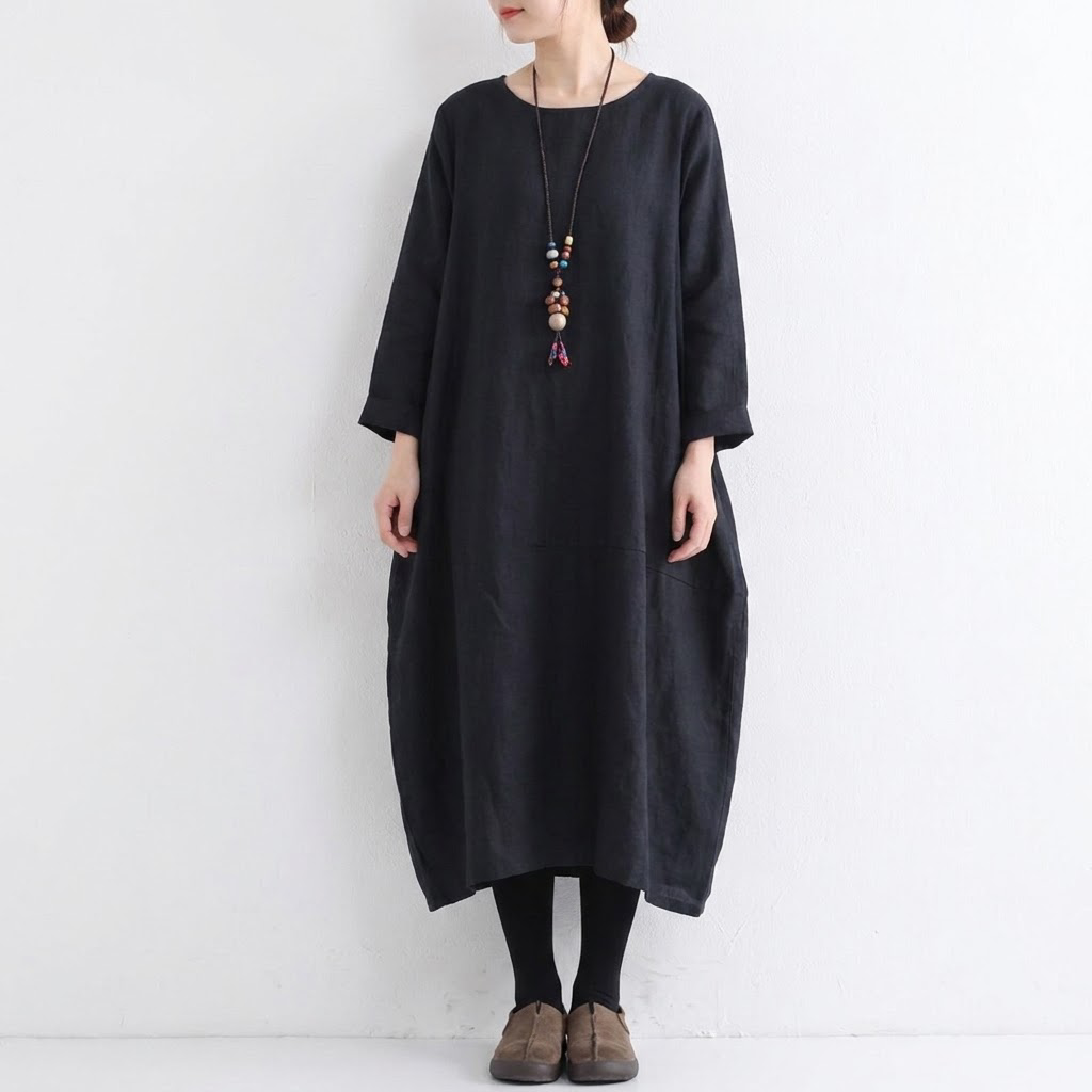 S-5XL 秋のひととき綿麻ワンピース S ブラック