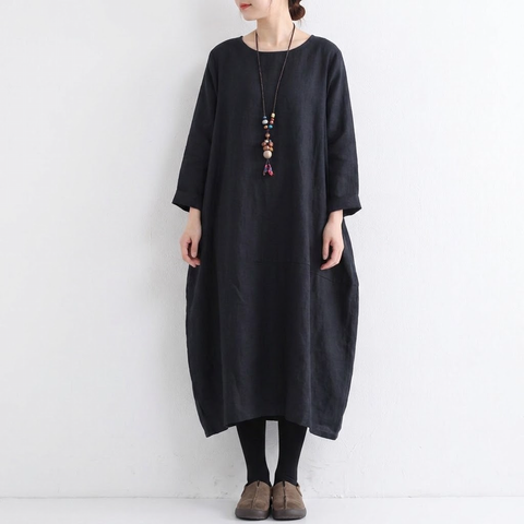 S-5XL 秋のひととき綿麻ワンピース S ブラック