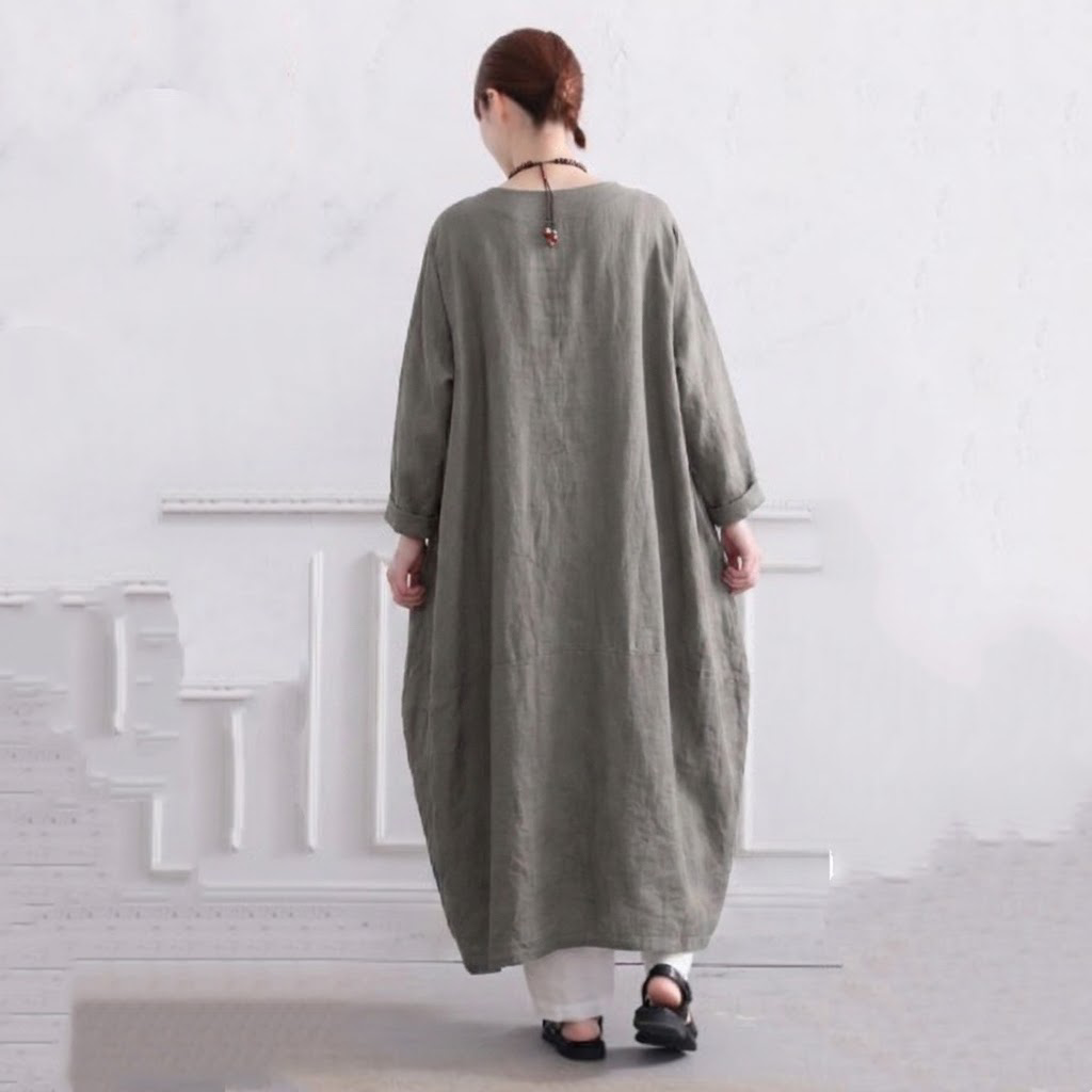 S-5XL 秋のひととき綿麻ワンピース S グレー