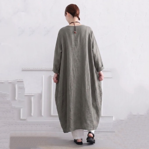 S-5XL 秋のひととき綿麻ワンピース S グレー