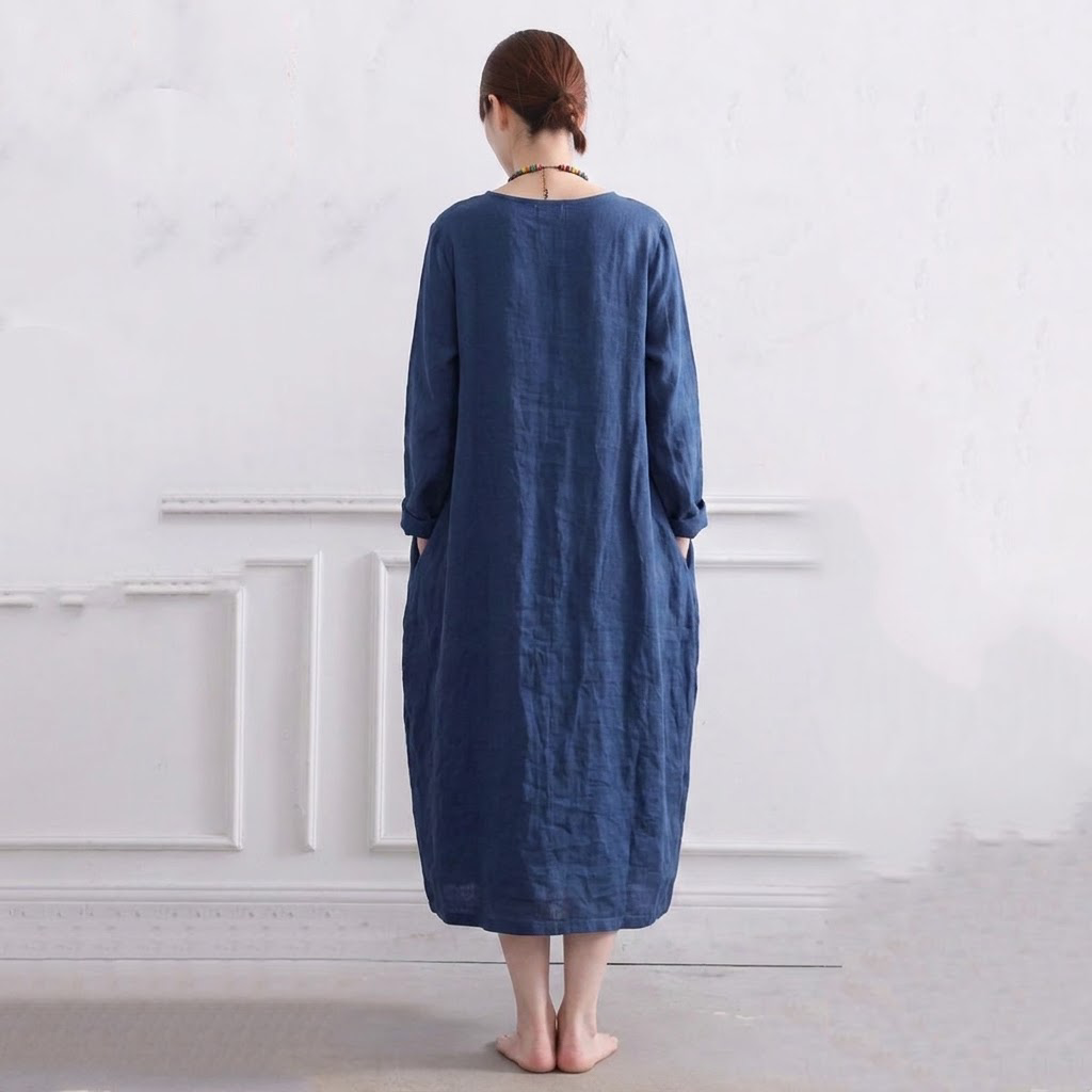 S-5XL 秋のひととき綿麻ワンピース S ブルー