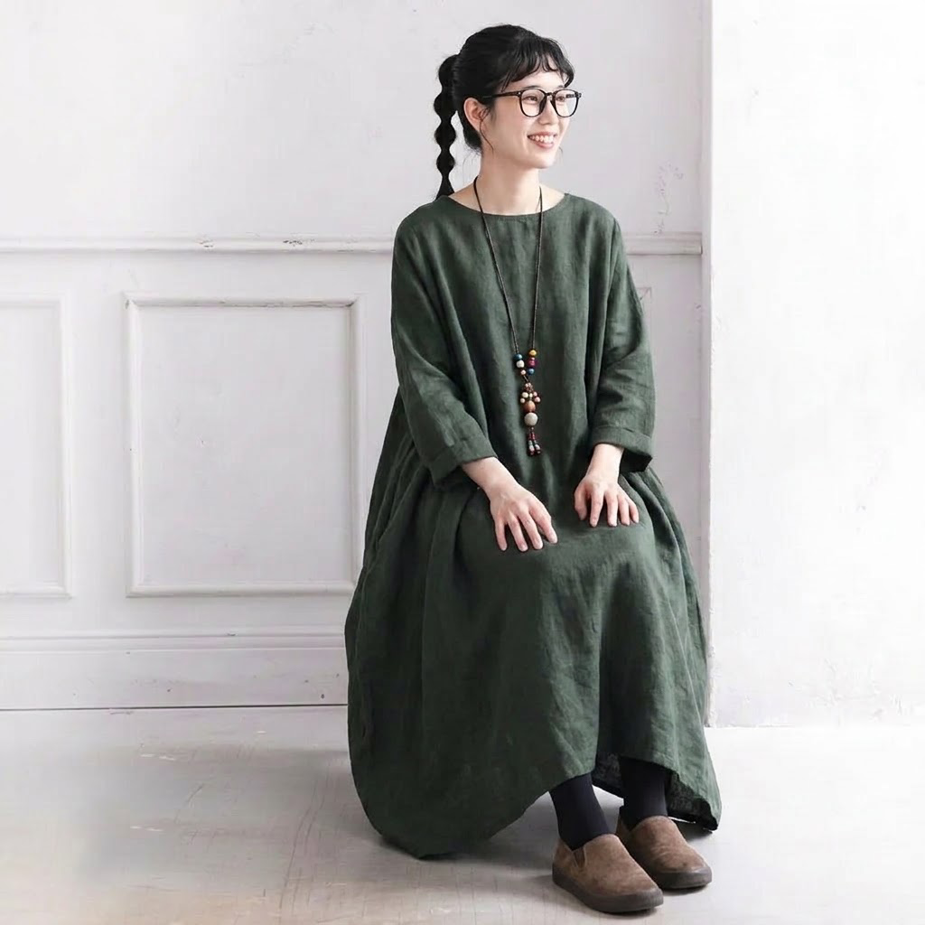 S-5XL 秋のひととき綿麻ワンピース S グリーン