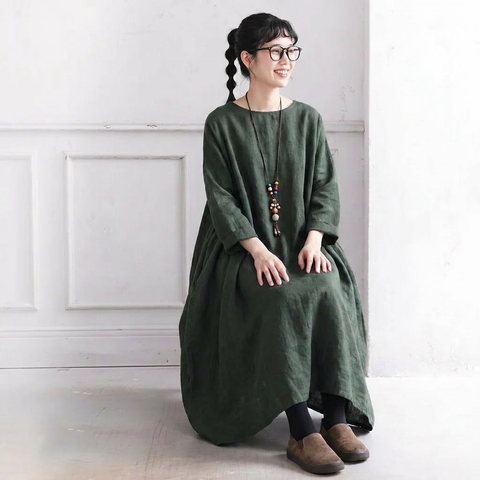 S-5XL 秋のひととき綿麻ワンピース S グリーン