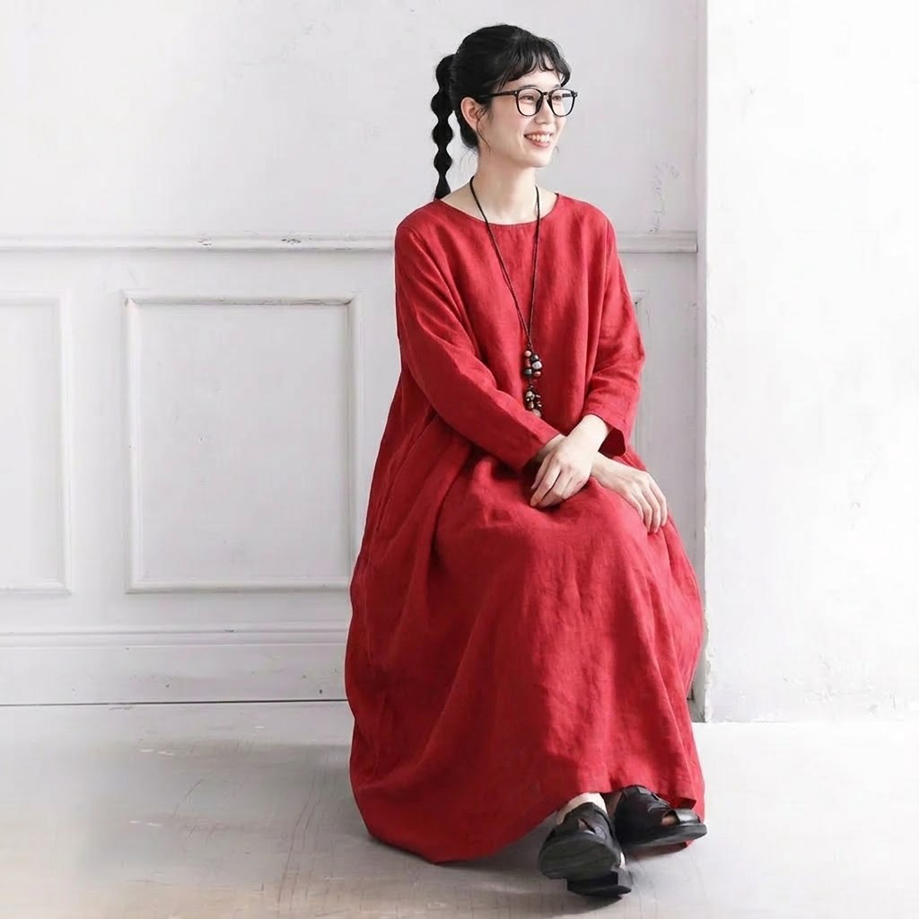 S-5XL 秋のひととき綿麻ワンピース S レッド